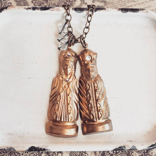 King or Queen chess piece necklace - Queen chess charm - King chess charm  - vintage charm