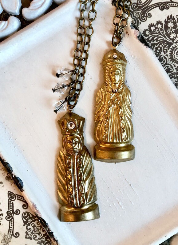 King or Queen chess piece necklace - Queen chess charm - King chess charm  - vintage charm