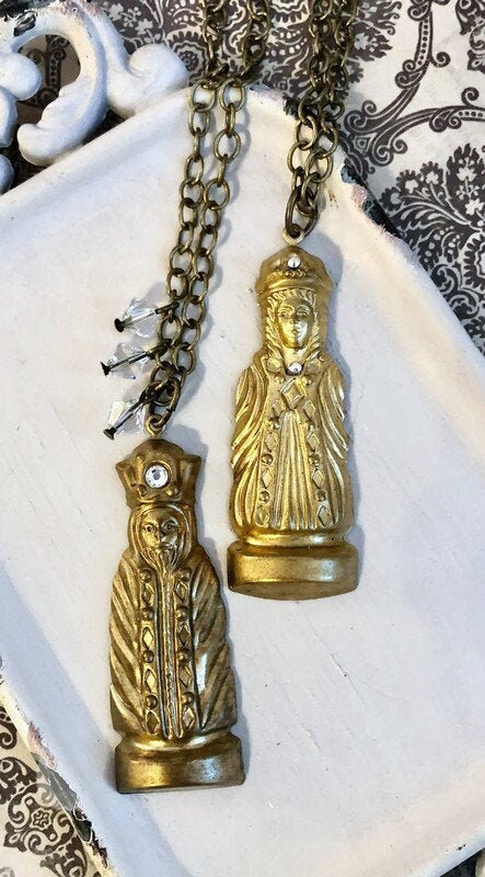 King or Queen chess piece necklace - Queen chess charm - King chess charm  - vintage charm