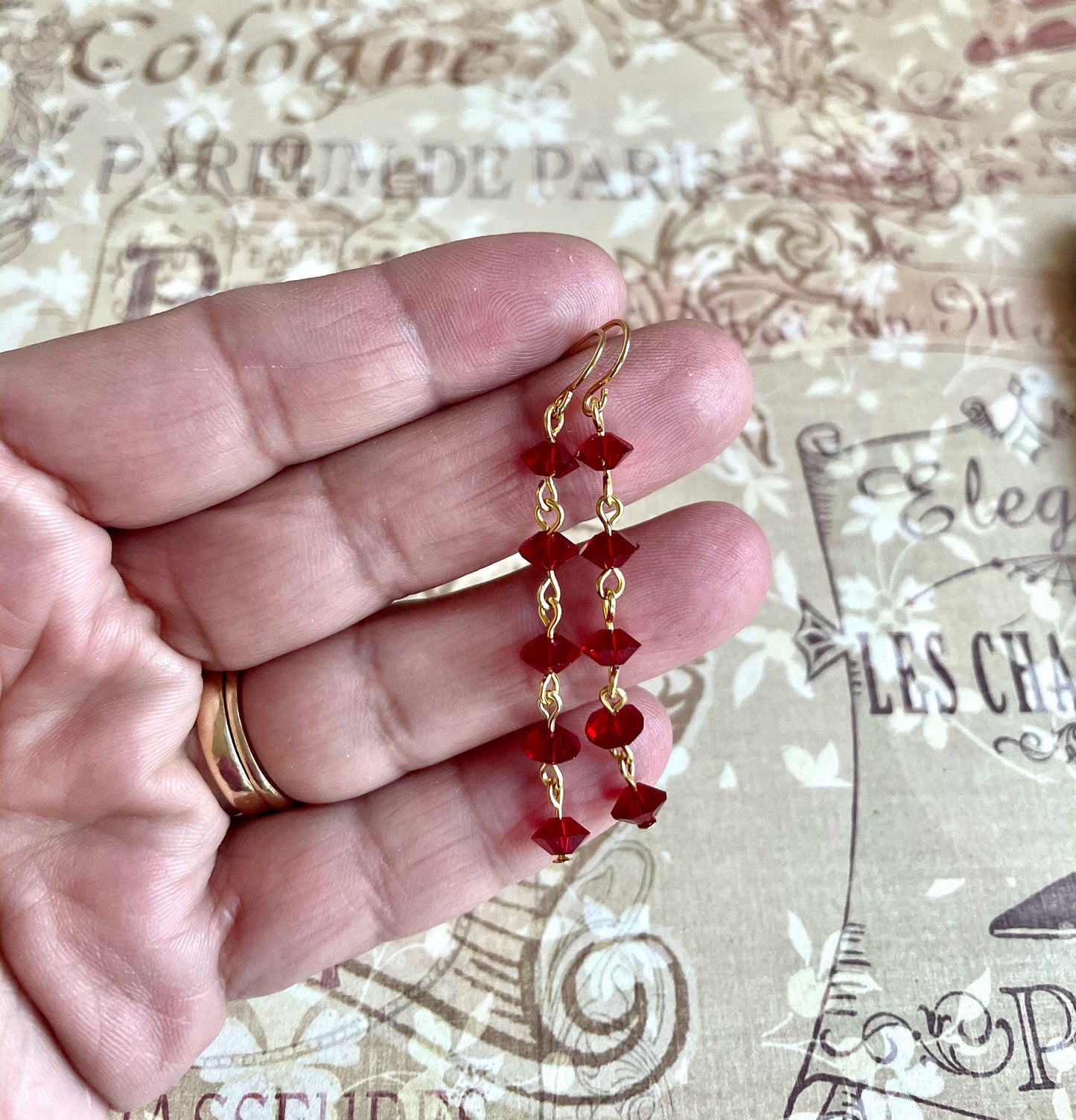 Red and gold crystal earrings made with vintage Swarovski crystal