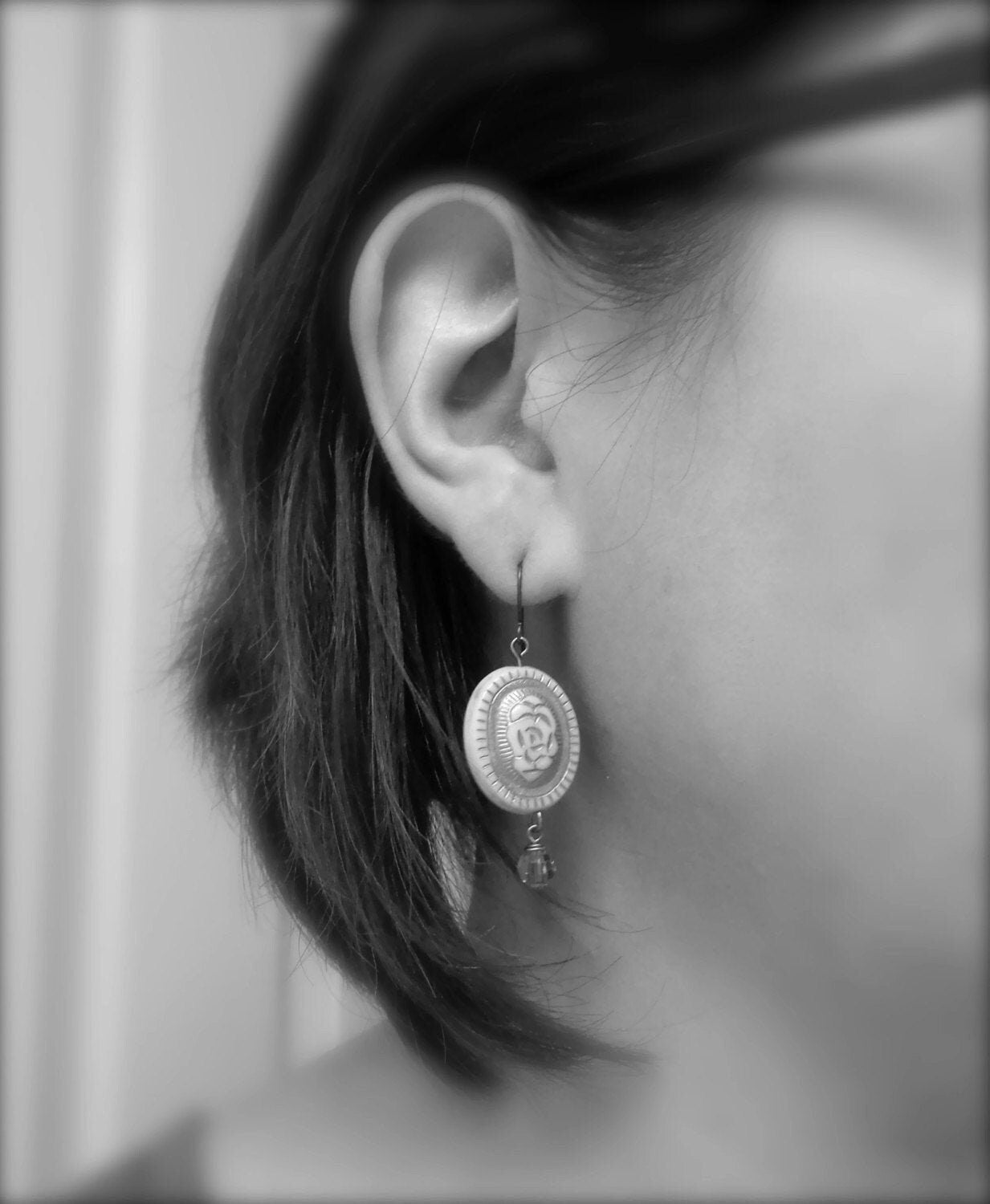 Rose earrings - pink rose drop earrings