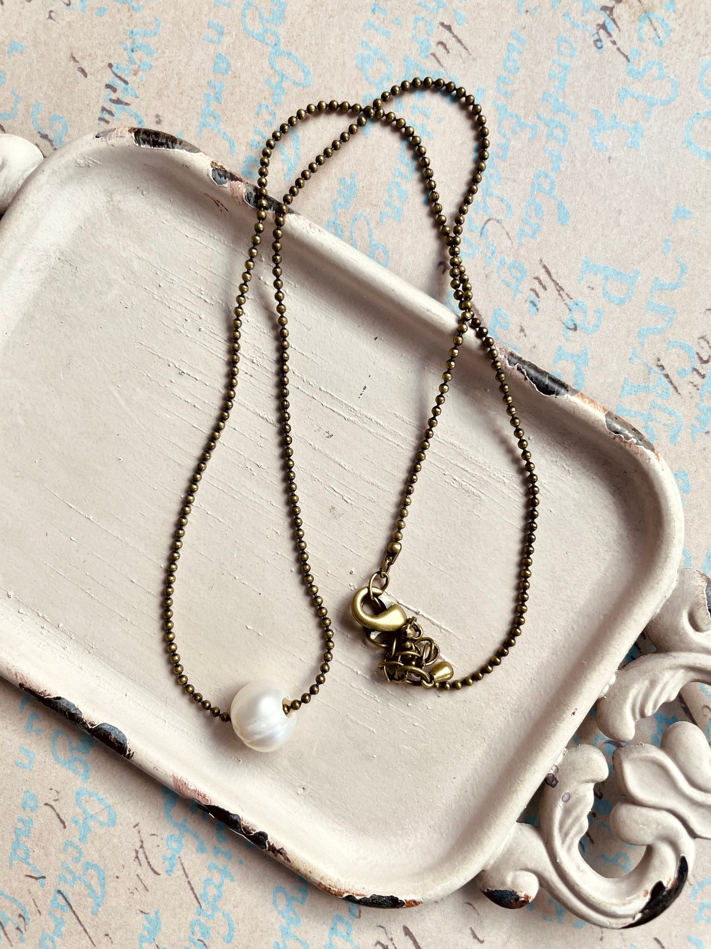 Pearl and antique brass ball chain necklace