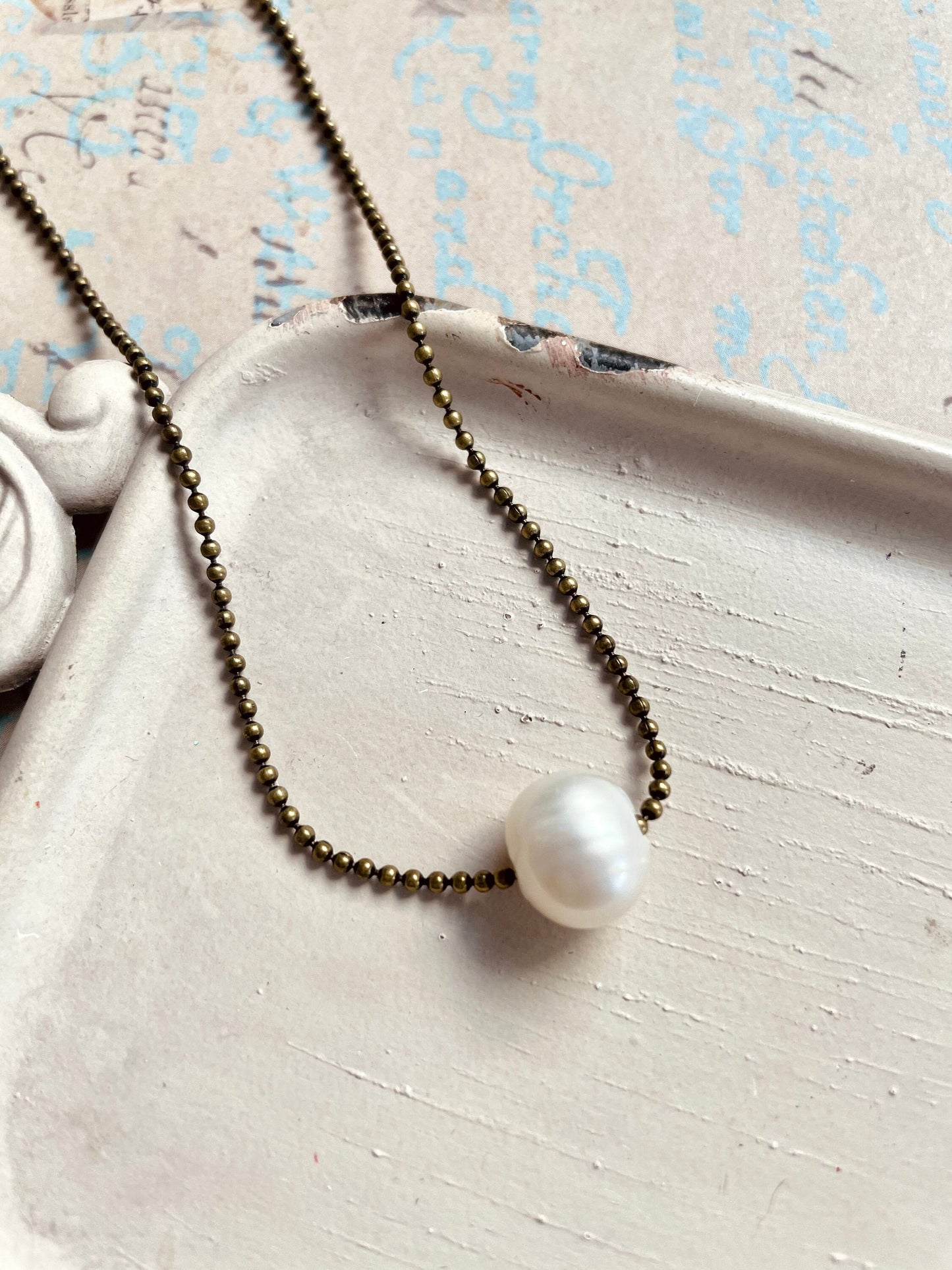 Pearl and antique brass ball chain necklace