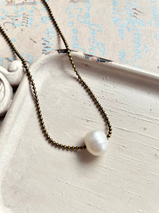 Pearl and antique brass ball chain necklace