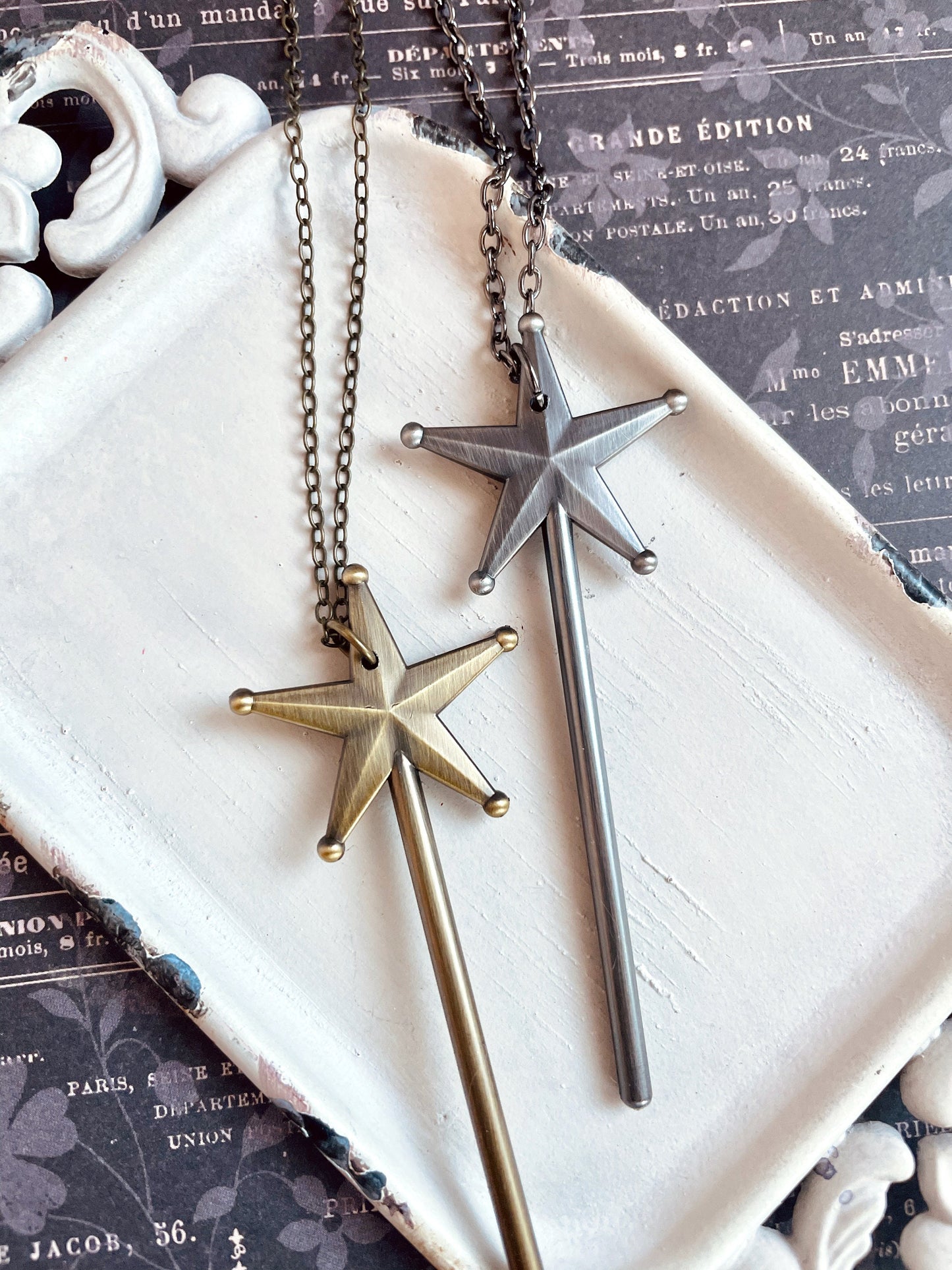 Merryweather -  large magic wand necklace - fairy godmother necklace - Godmother gift - gunmetal wand necklace - bronze necklace