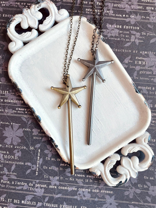 Merryweather -  large magic wand necklace - fairy godmother necklace - Godmother gift - gunmetal wand necklace - bronze necklace