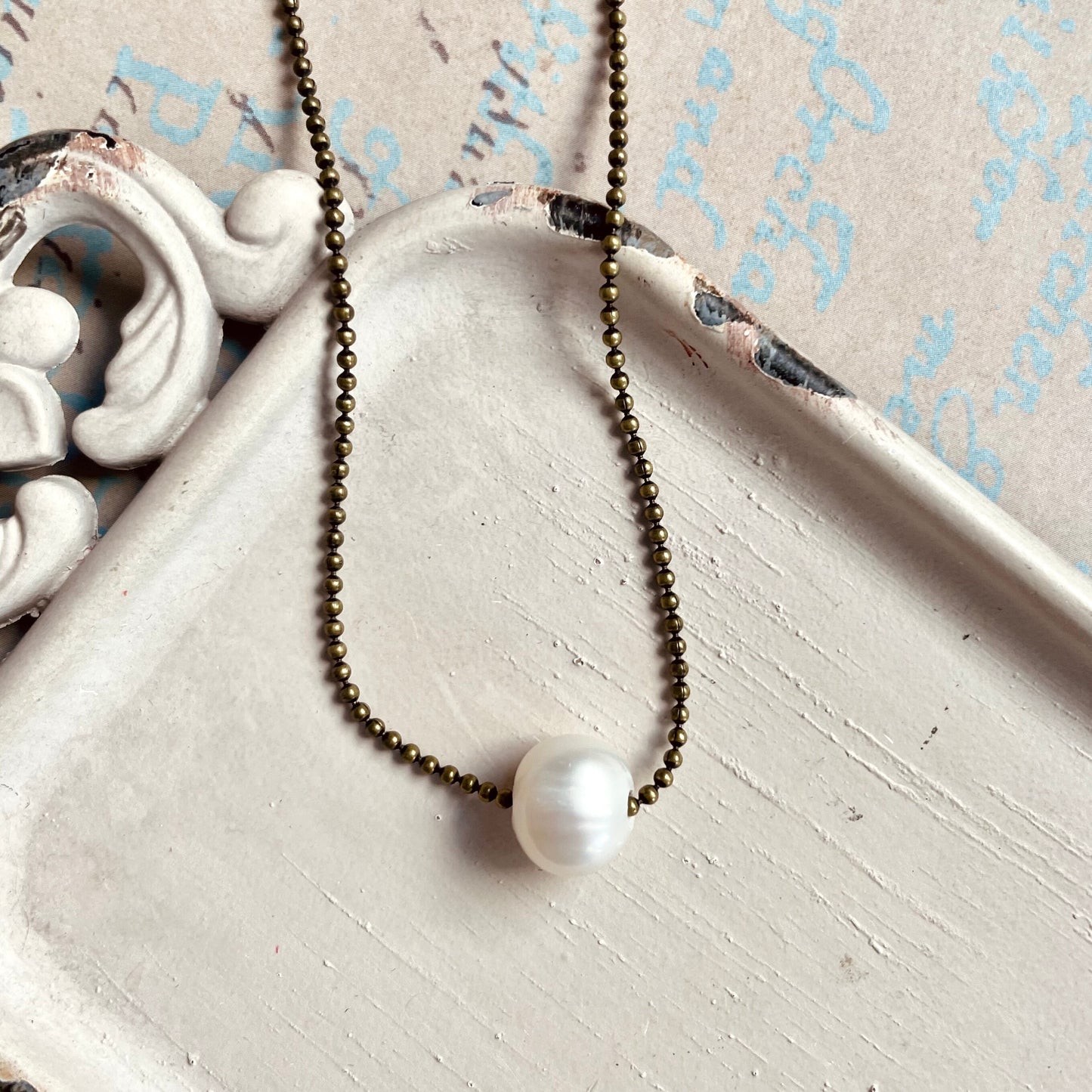 Pearl and antique brass ball chain necklace