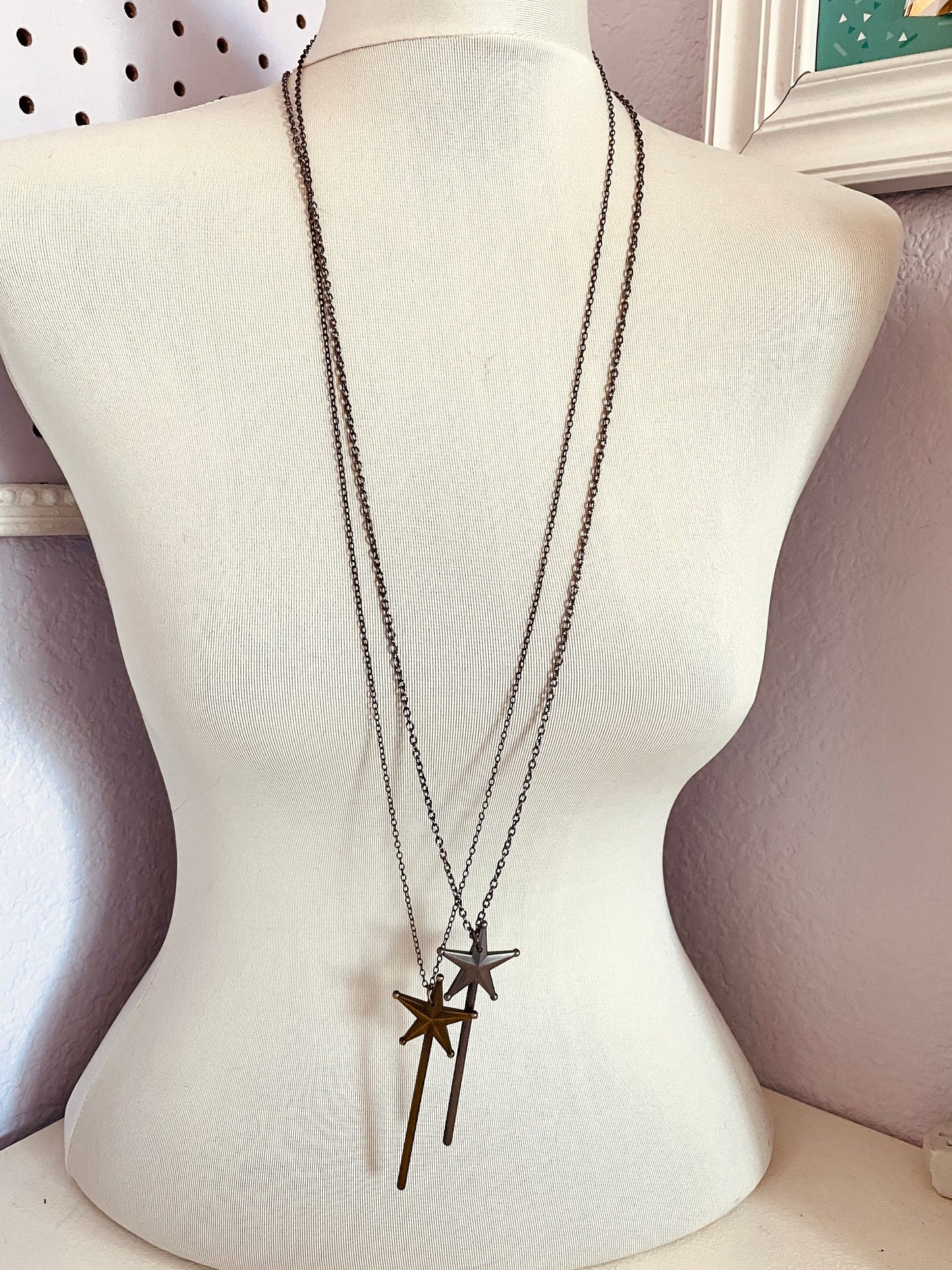 Merryweather -  large magic wand necklace - fairy godmother necklace - Godmother gift - gunmetal wand necklace - bronze necklace