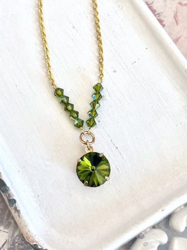 Olive green crystal necklace - olive green necklace