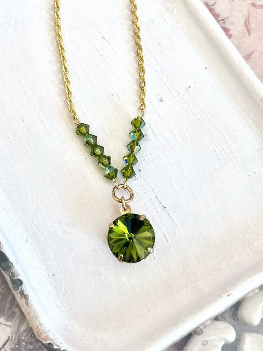 Olive green crystal necklace - olive green necklace