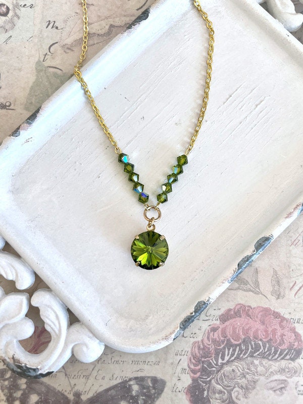 Olive green crystal necklace - olive green necklace