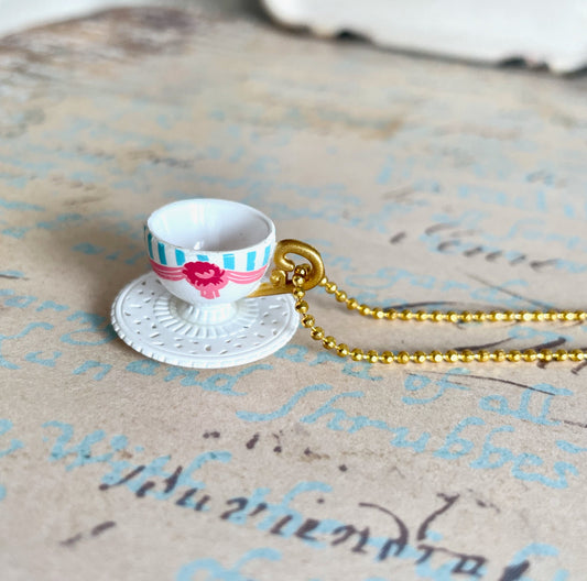 Miniature white and pink teacup necklace