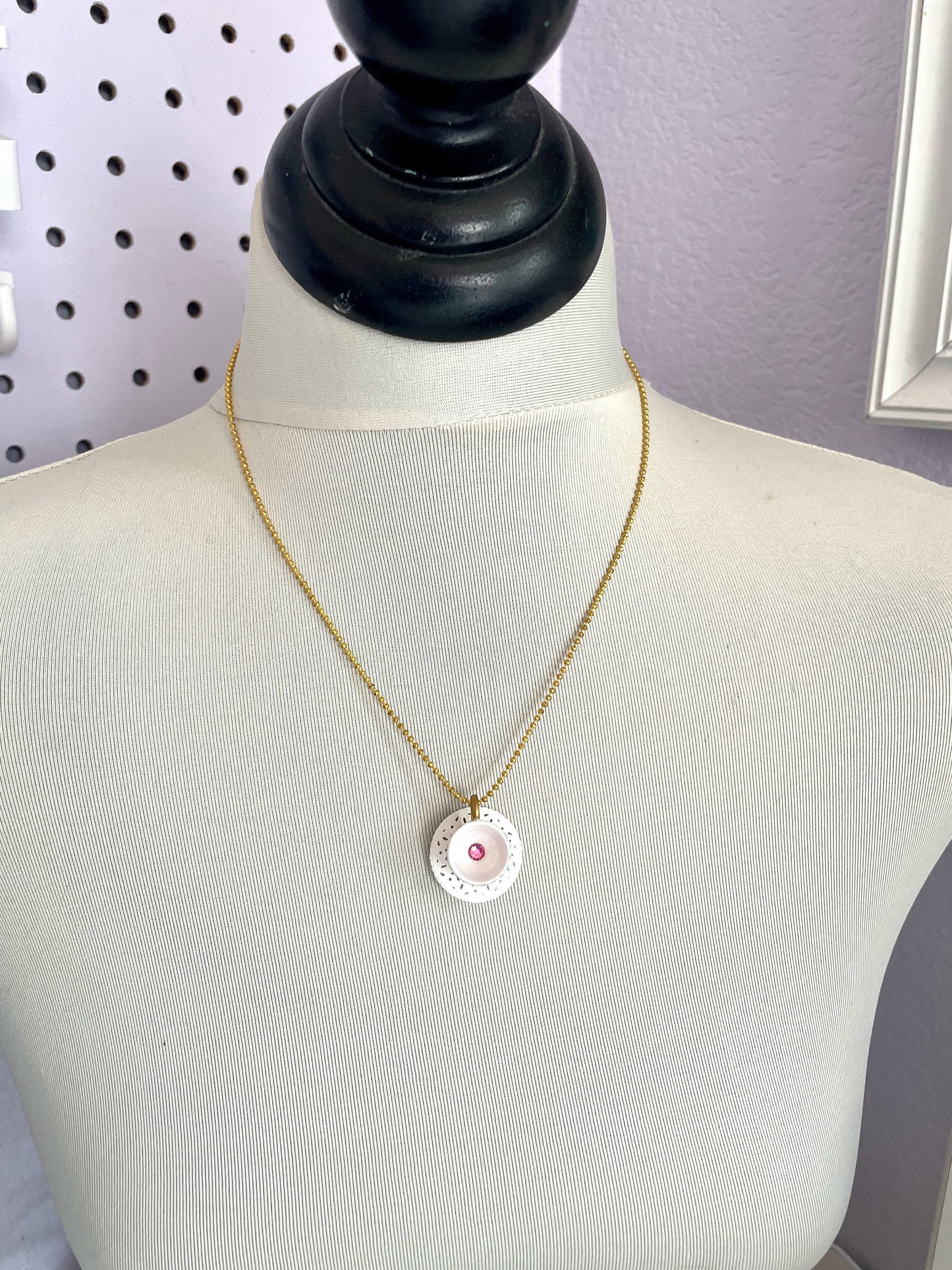 Miniature white and pink teacup necklace