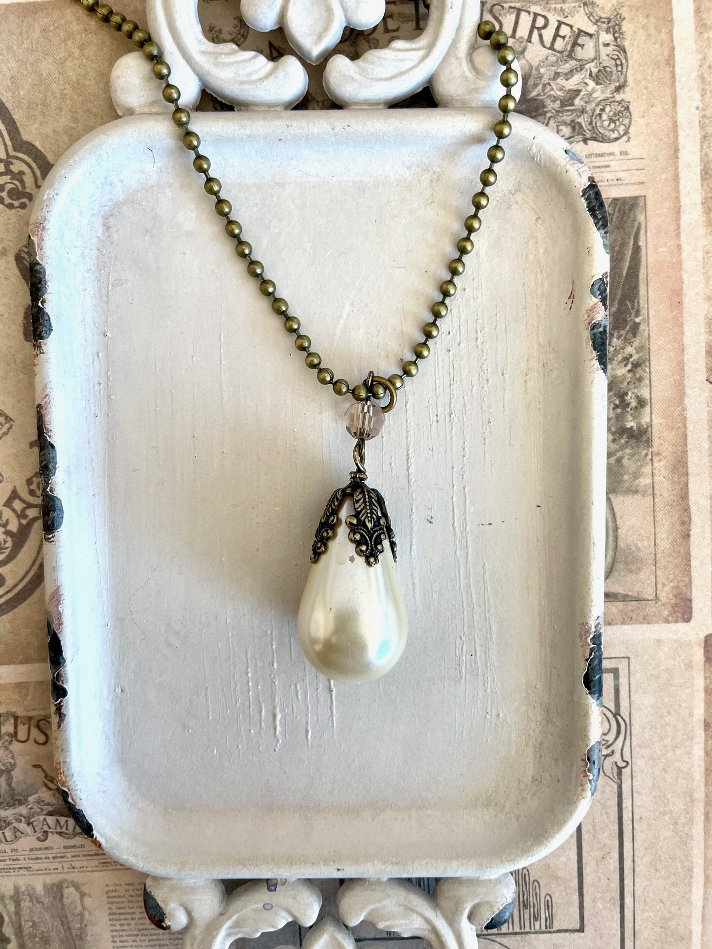 Arlena Pearl - Large teardrop pearl necklace on antique gold necklace