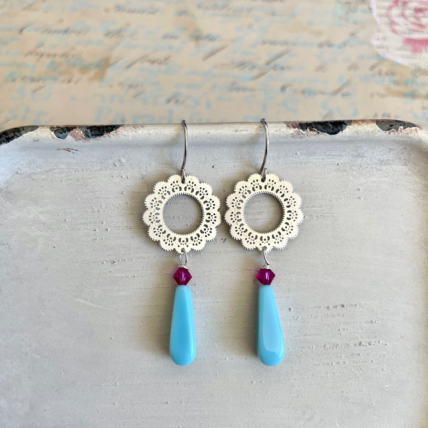 Turquoise Lace flower earrings