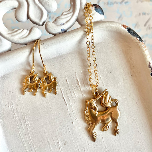 Magic II  - Brass unicorn charm necklace,  earrings, or set your choice