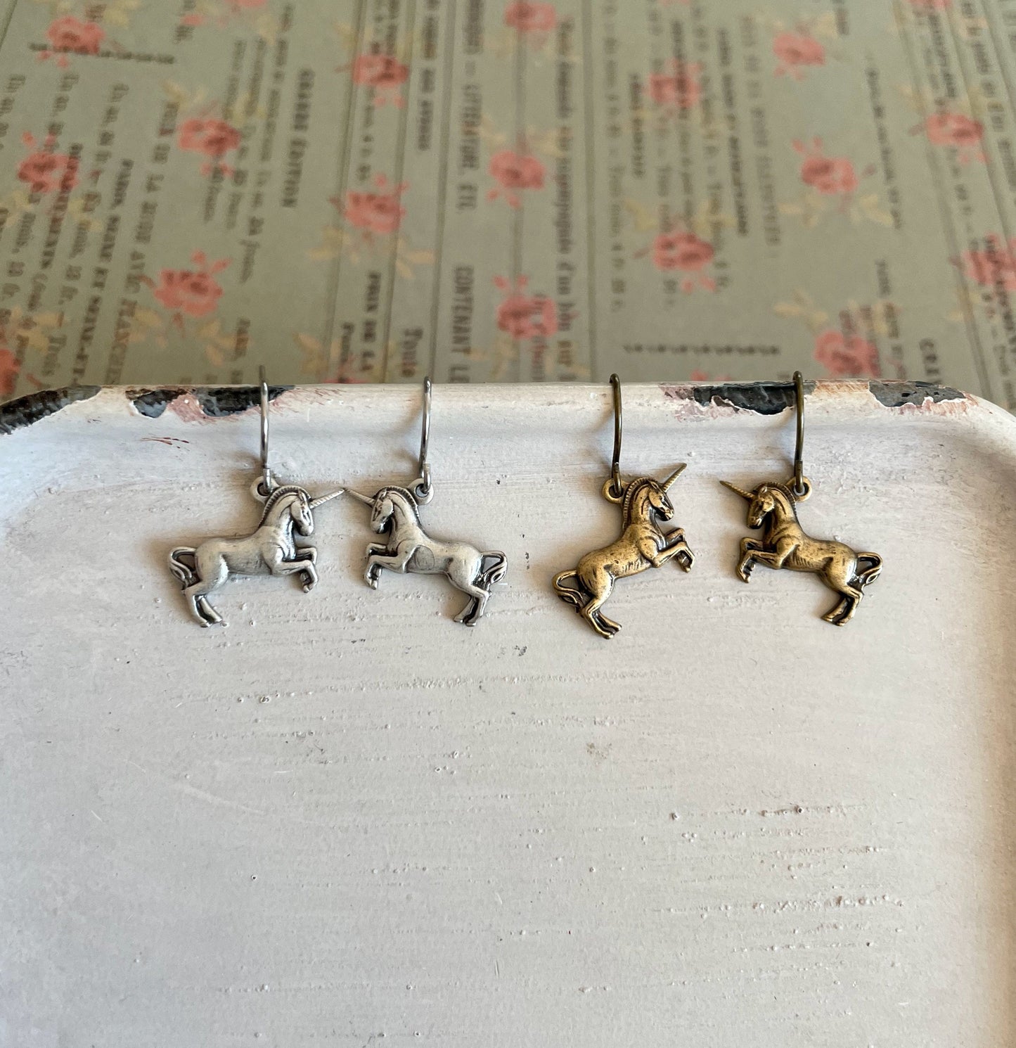 Dainty unicorn charm earrings in antique silver or antique gold