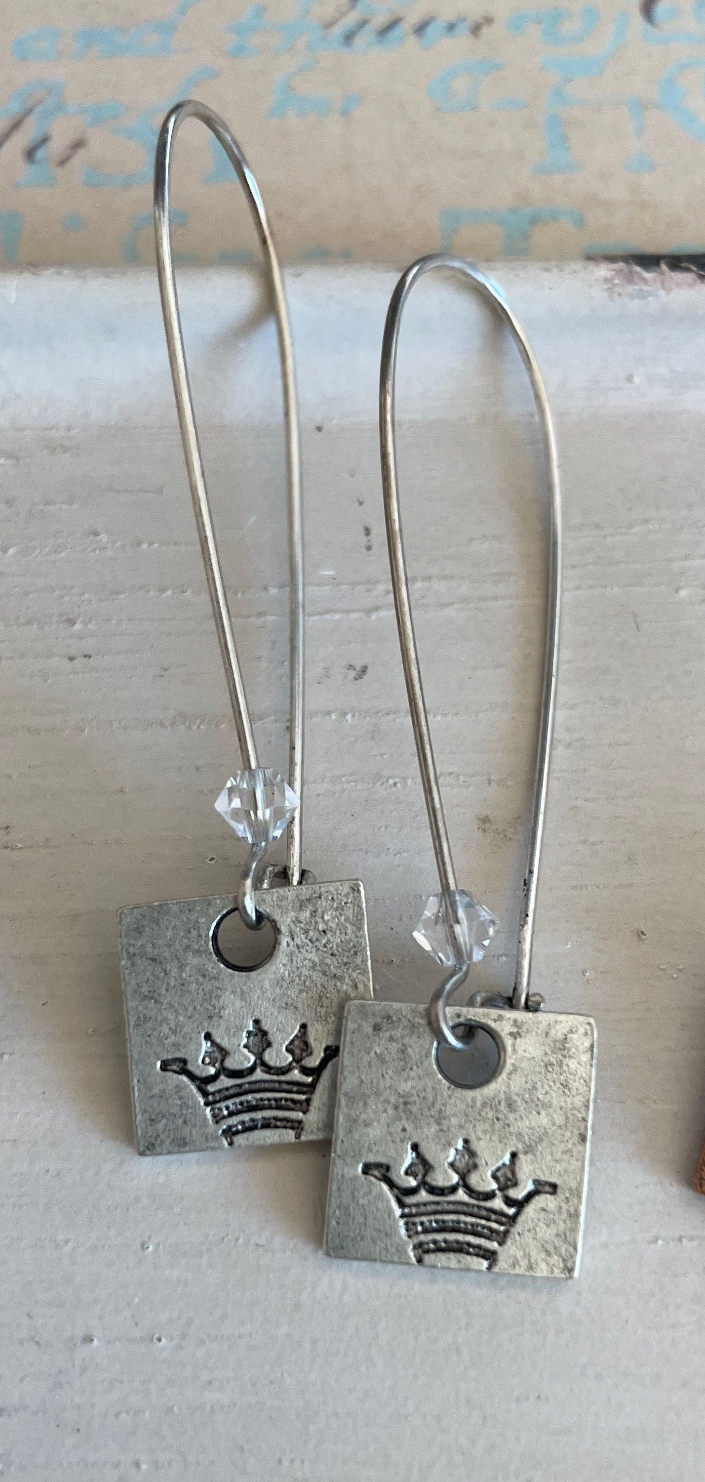 Long crown charm earrings with crystals - antique silver, antique gold, antique copper