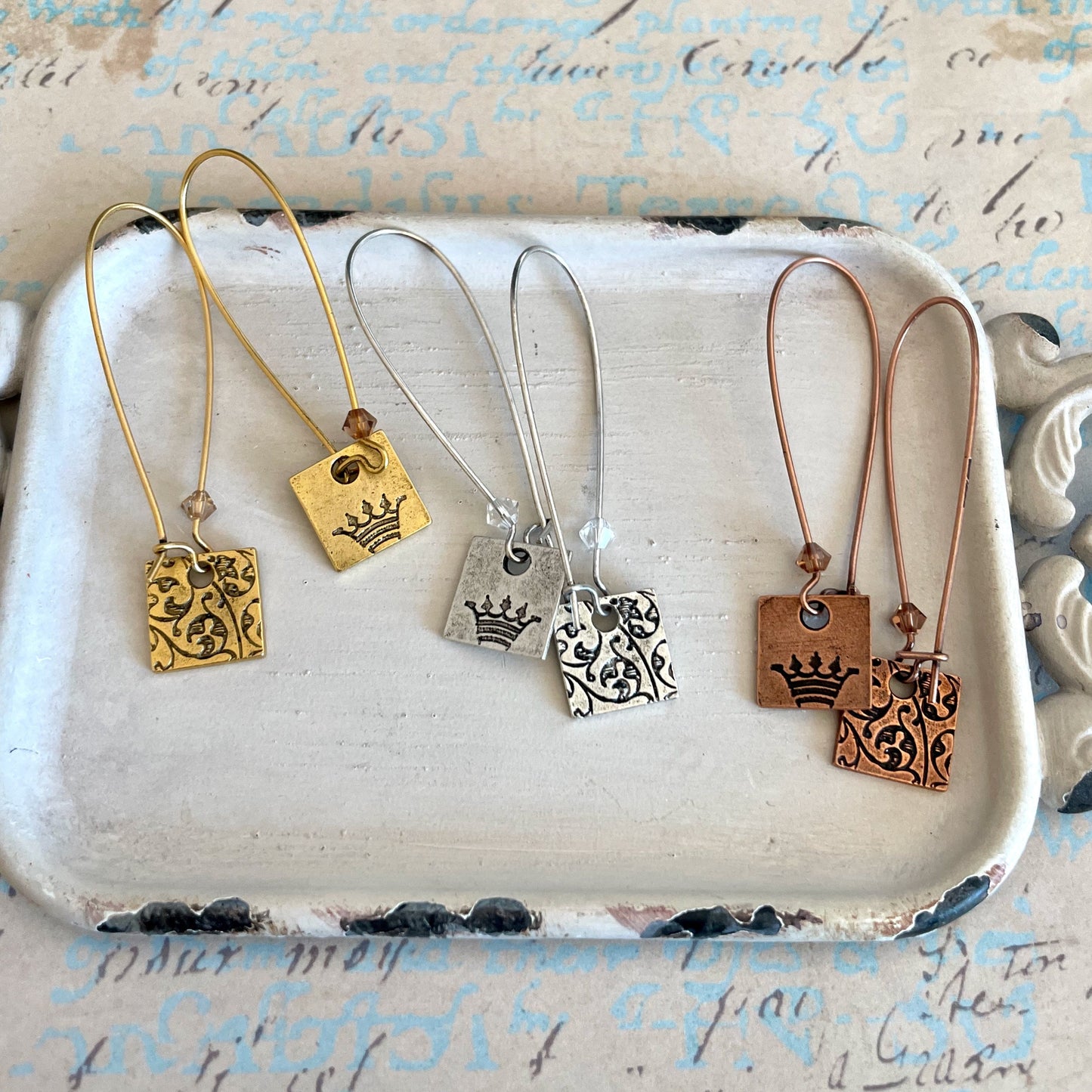 Long crown charm earrings with crystals - antique silver, antique gold, antique copper