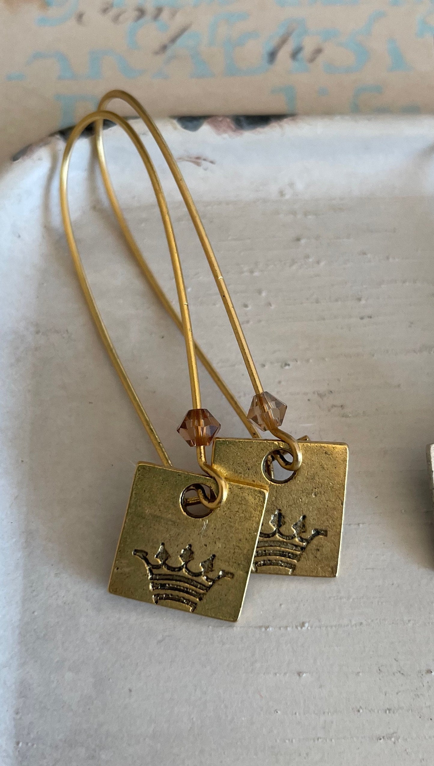 Long crown charm earrings with crystals - antique silver, antique gold, antique copper