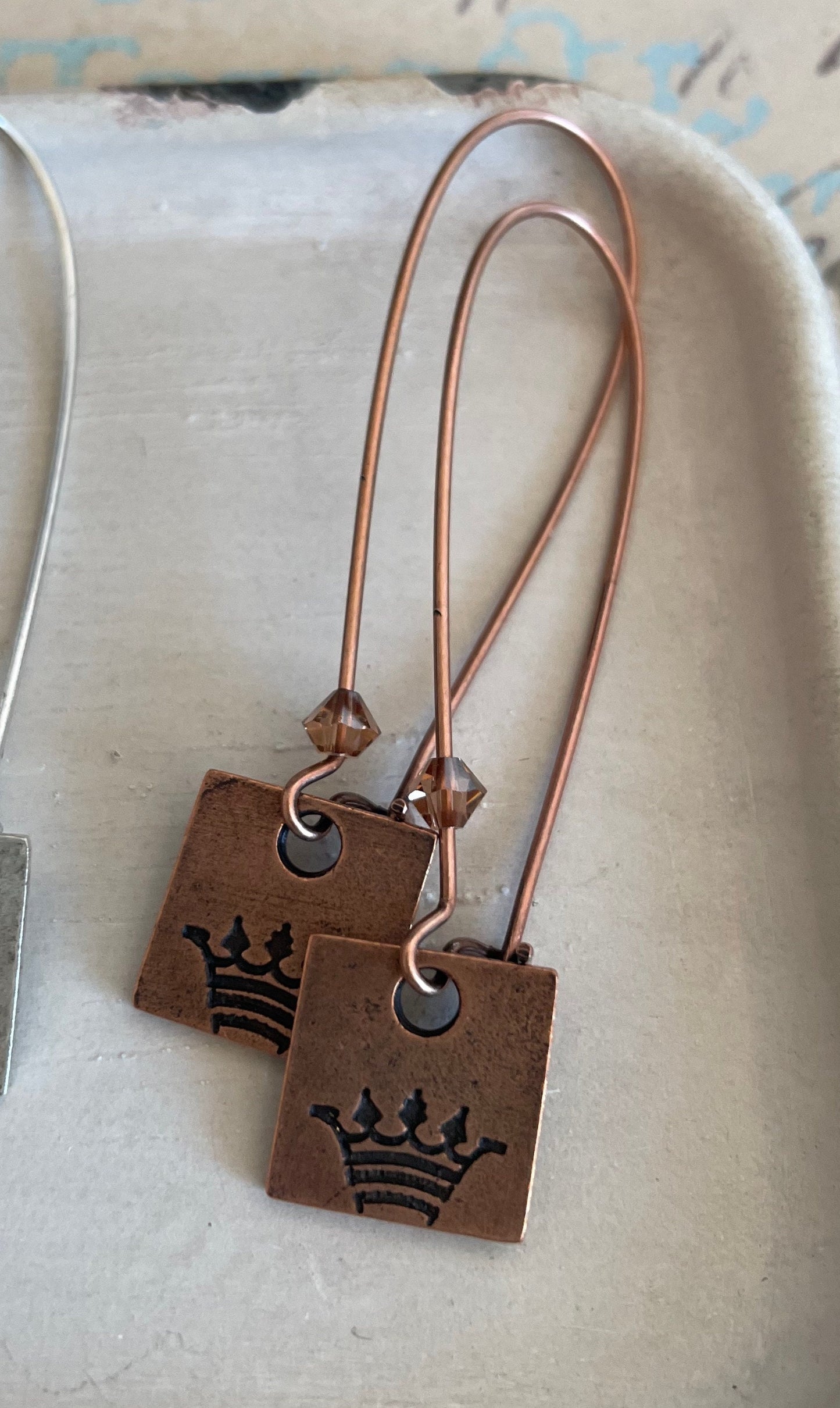Long crown charm earrings with crystals - antique silver, antique gold, antique copper