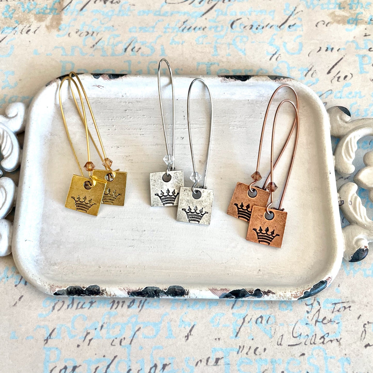 Long crown charm earrings with crystals - antique silver, antique gold, antique copper