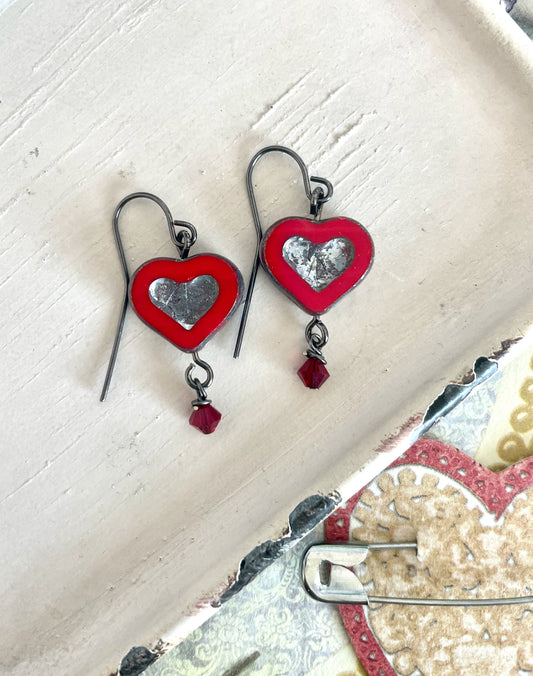 Red glass heart earrings with Swarovski crystals