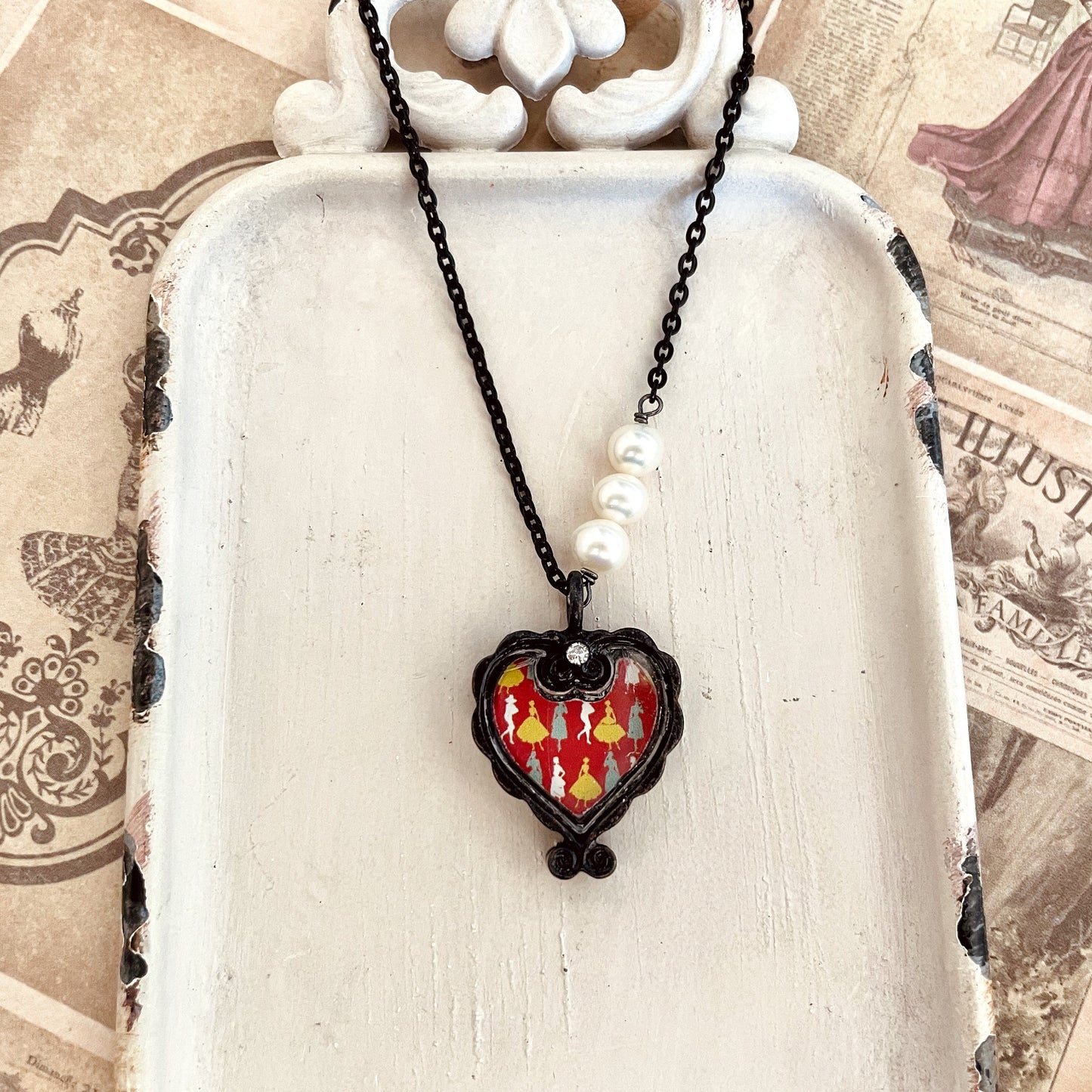 Dancing girls necklace - black charm necklace with fresh water pearls