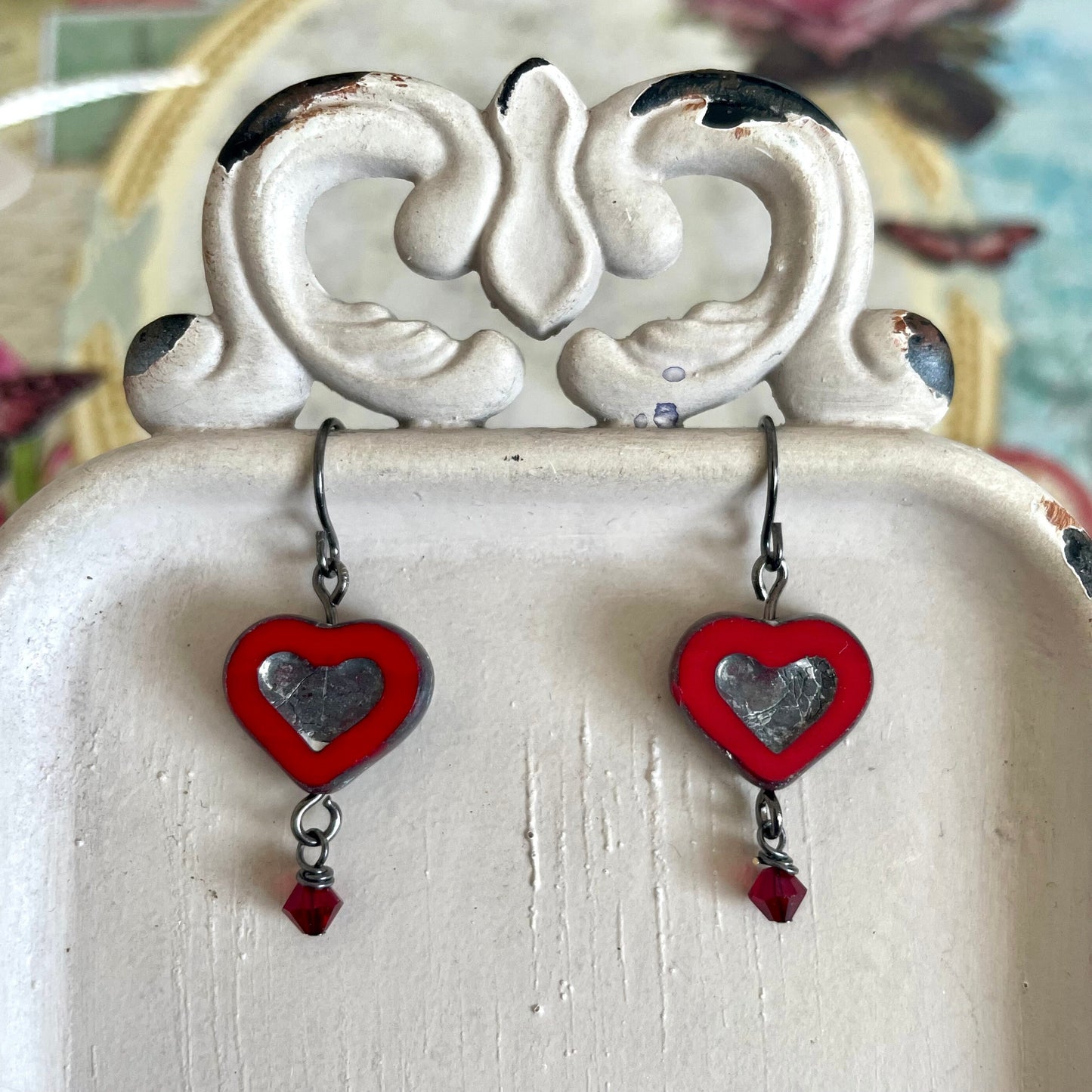 Red glass heart earrings with Swarovski crystals