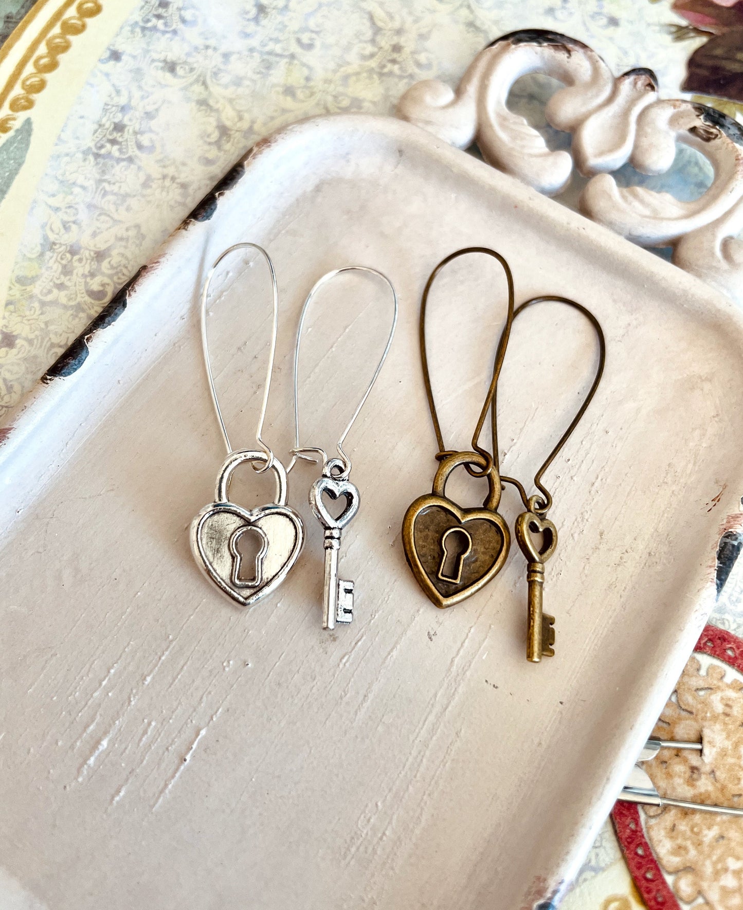 Victoria - asymmetrical lock and key earrings - silver or antique brass