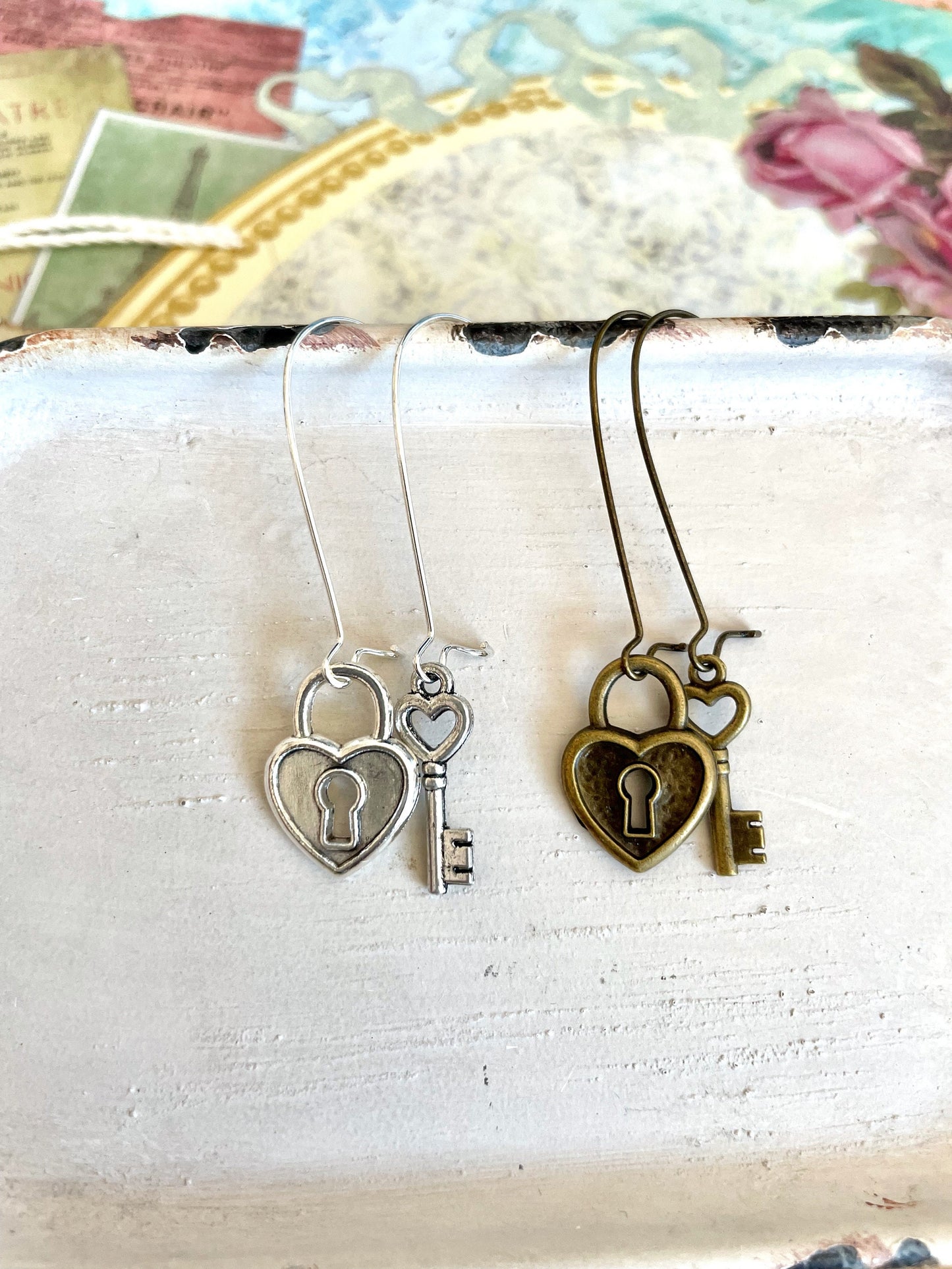 Victoria - asymmetrical lock and key earrings - silver or antique brass