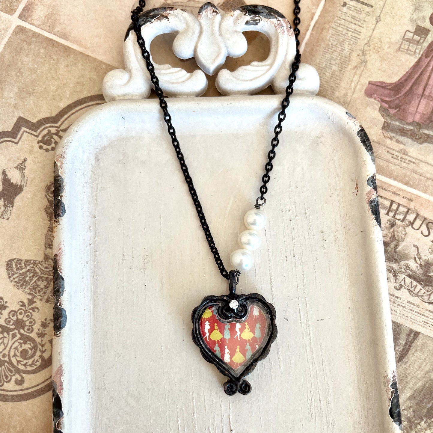 Dancing girls necklace - black charm necklace with fresh water pearls