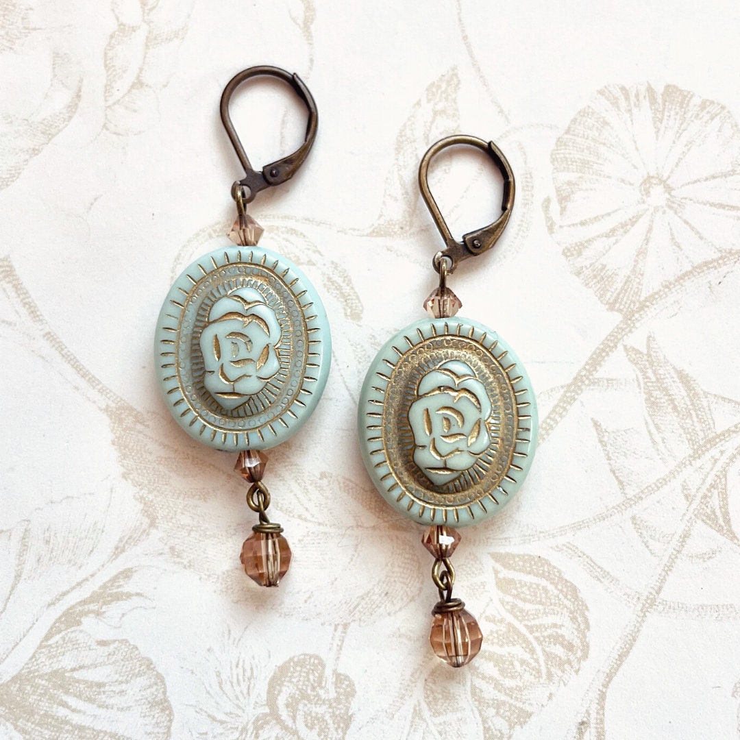 Rose earrings - mint green rose drop earrings