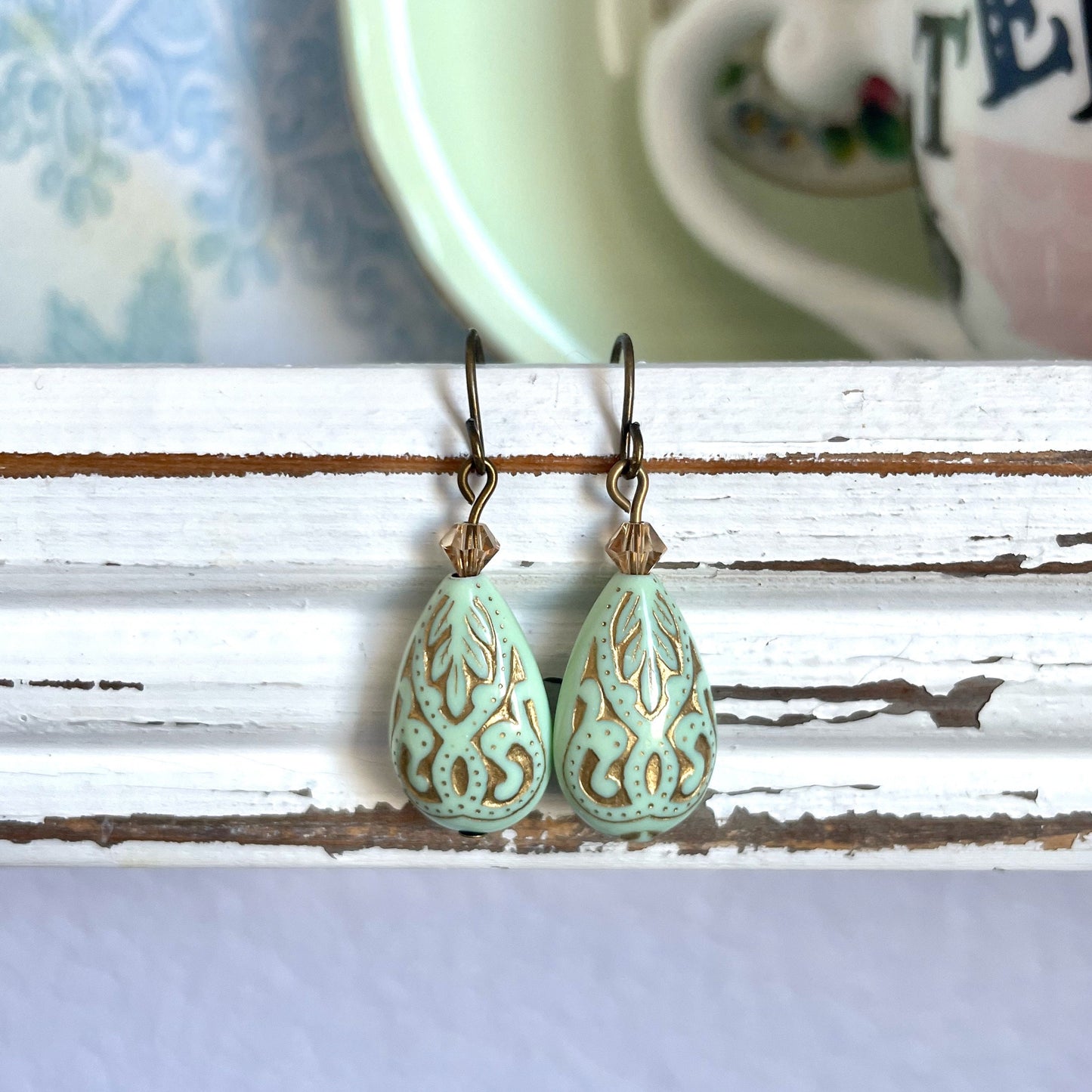 Eloise - french blue, mint green and purple and gold paisley earrings