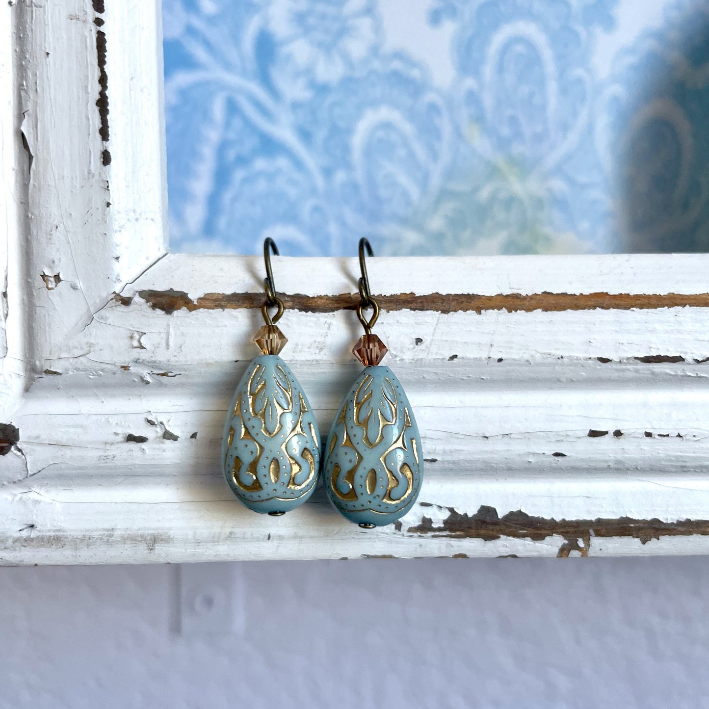 Eloise - french blue, mint green and purple and gold paisley earrings