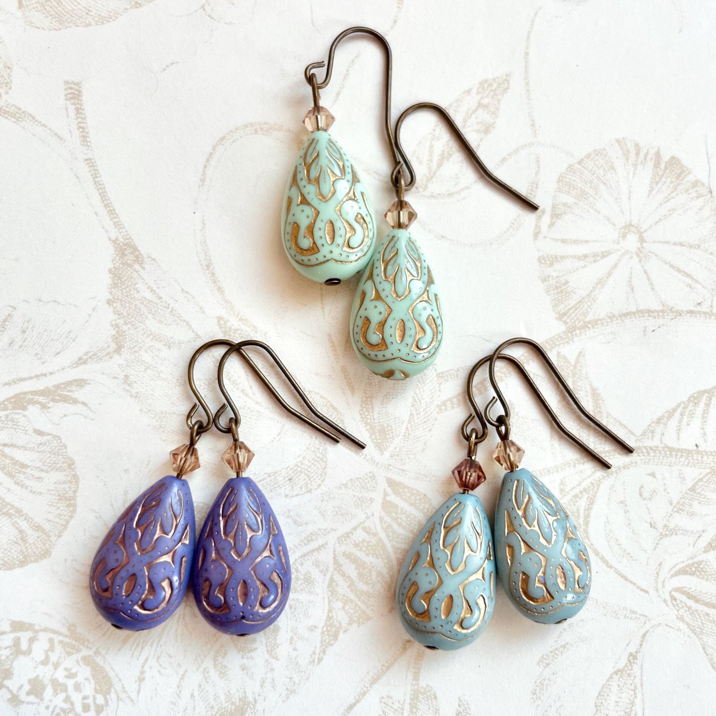 Eloise - french blue, mint green and purple and gold paisley earrings