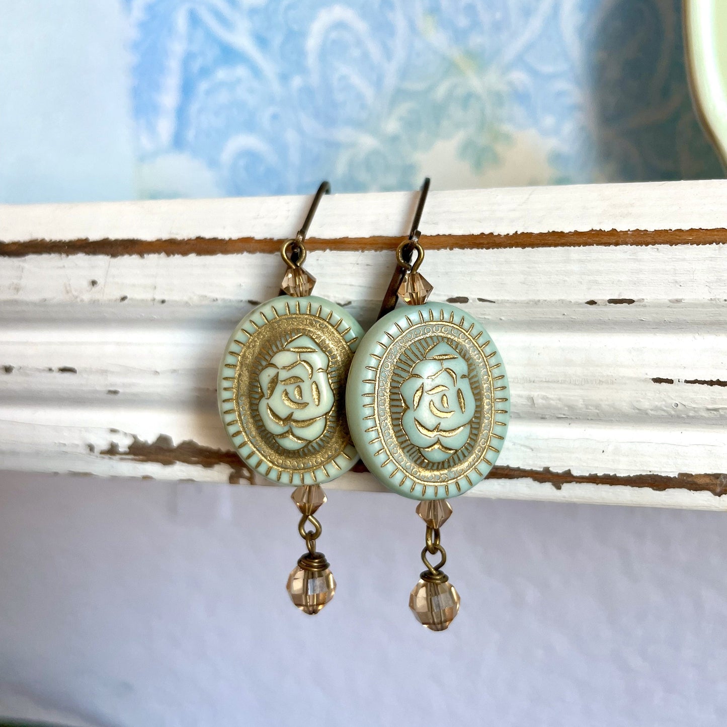 Rose earrings - mint green rose drop earrings