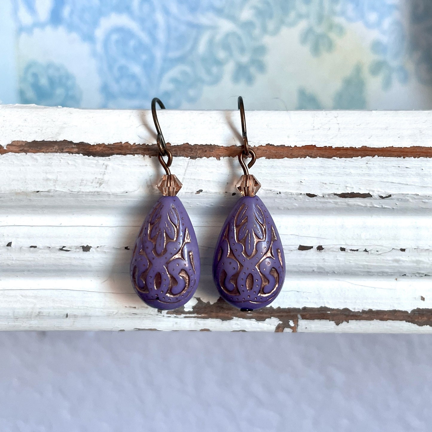 Eloise - french blue, mint green and purple and gold paisley earrings
