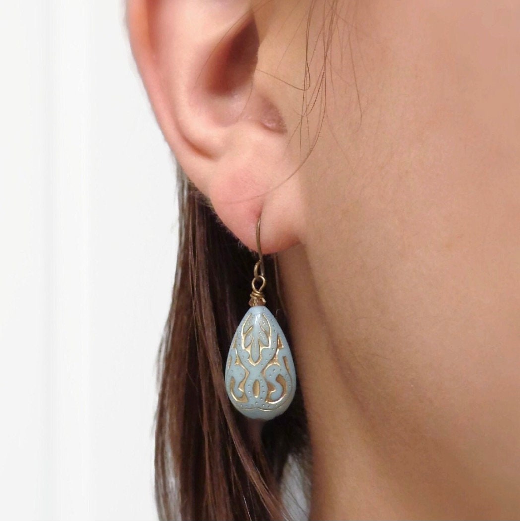 Eloise - french blue, mint green and purple and gold paisley earrings