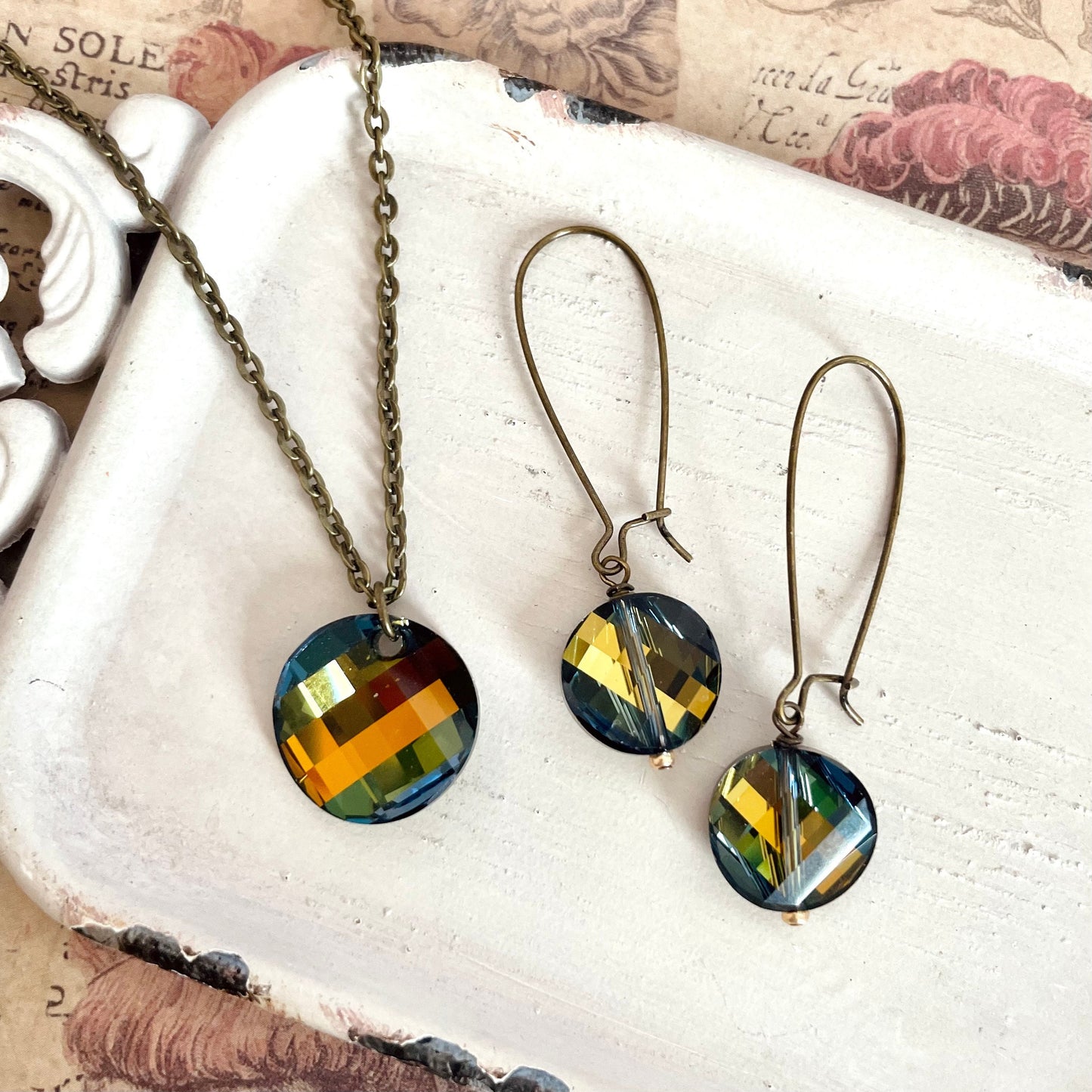 Vintage Swarovski crystal necklace or earrings set in tabac