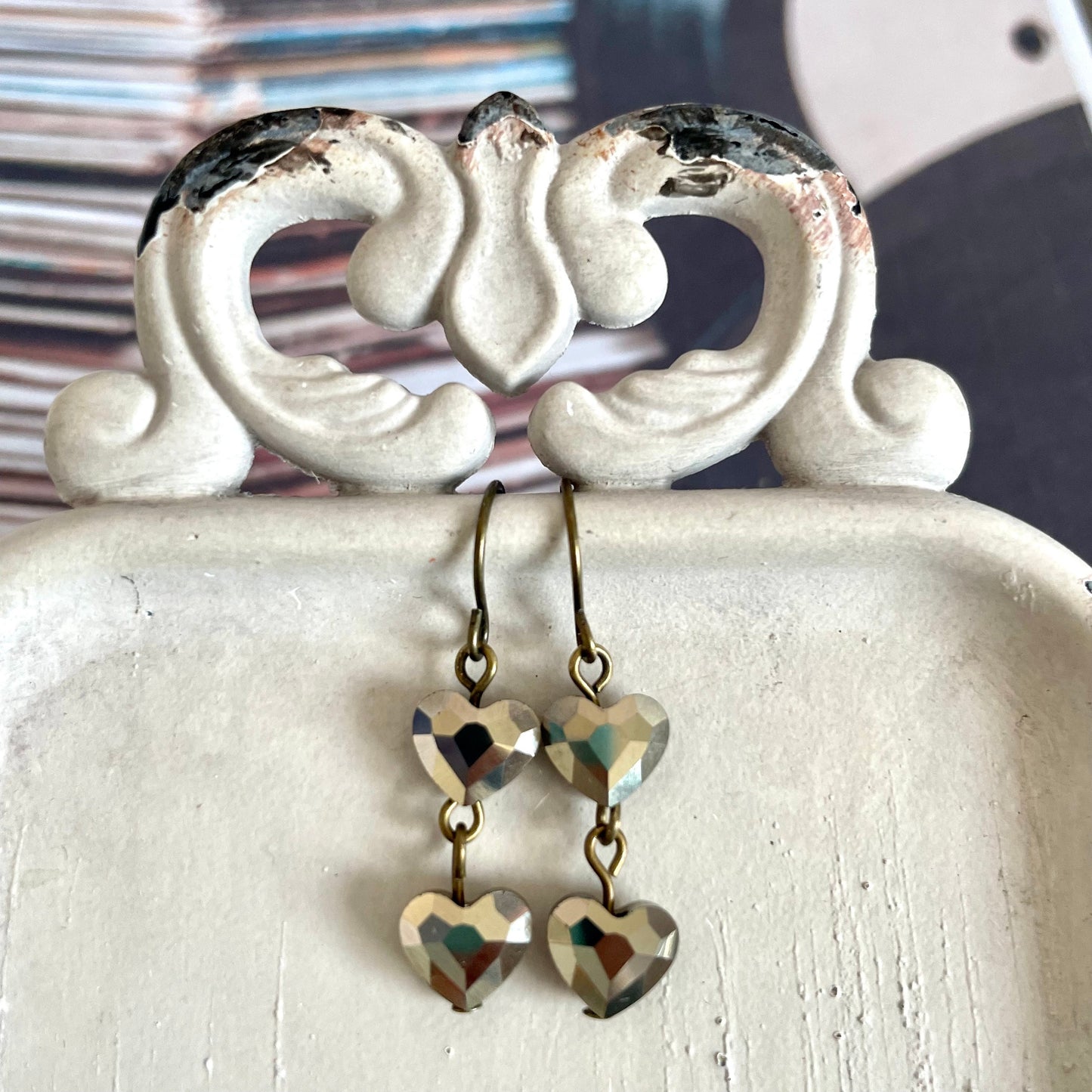 Bronze metallic crystal double heart earrings