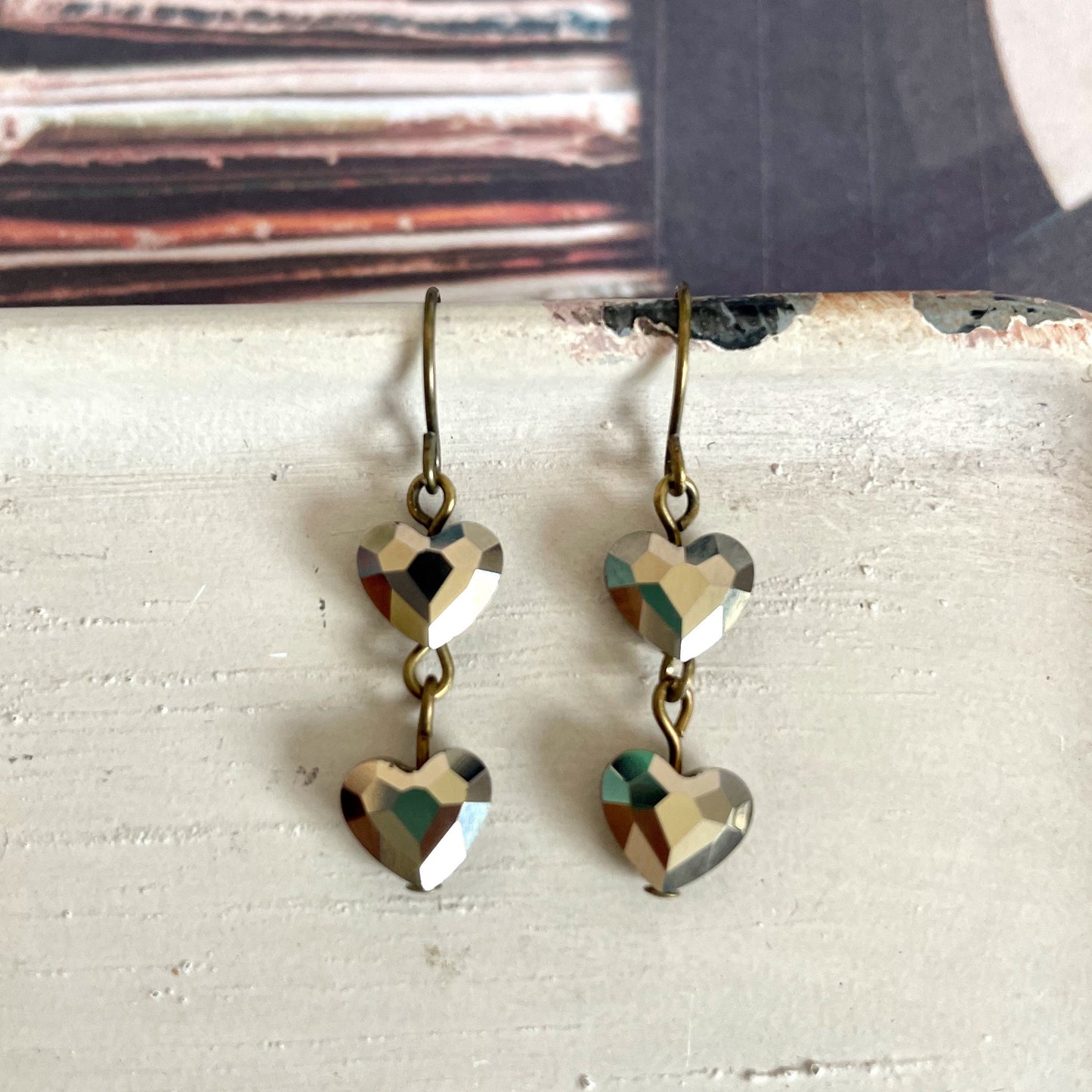 Bronze metallic crystal double heart earrings