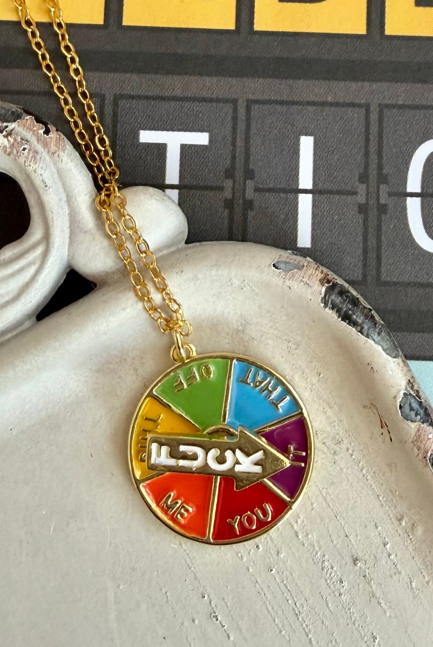 Funny Spinner Necklace – Spinning “Ask Me / Fuck” Arrow Charm