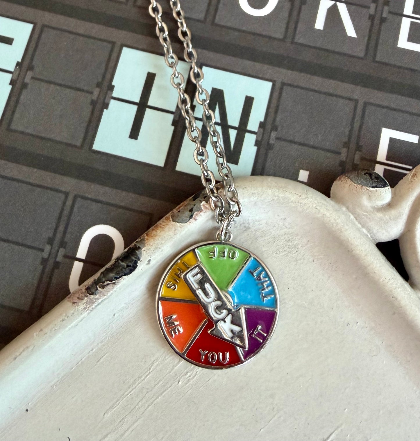 Funny Spinner Necklace – Spinning “Ask Me / Fuck” Arrow Charm