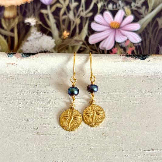 Dragonfly Brass Earrings with Natural Tahitian Rice Pearls | 1 Inch