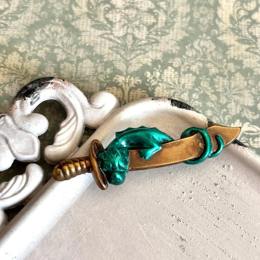 Vintage brass hand painted Green Dragon Pin – sleeping dragon pin -  Fantasy Cosplay Accessory – Gothic DnD Enamel Pin – Unique Gift