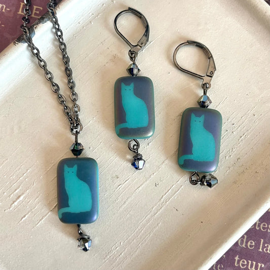 Beaded glass cat necklace, earrings, or set