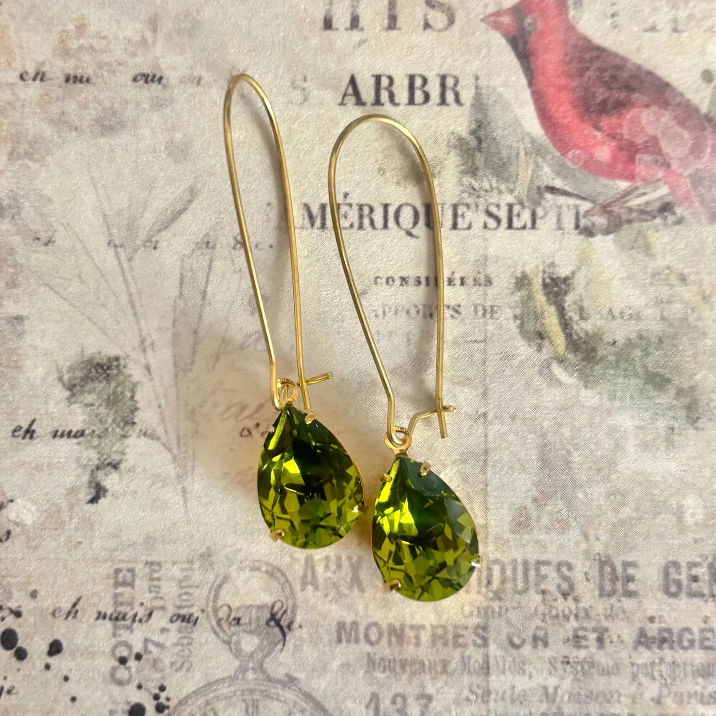 Olivine green pear shape Swarovski crystal earrings