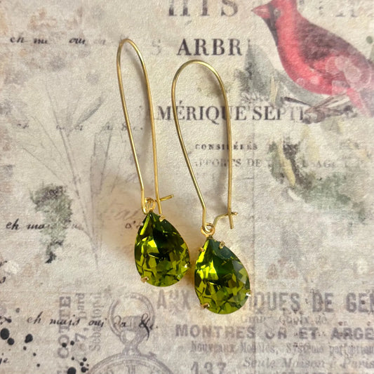 Olivine green pear shape Swarovski crystal earrings