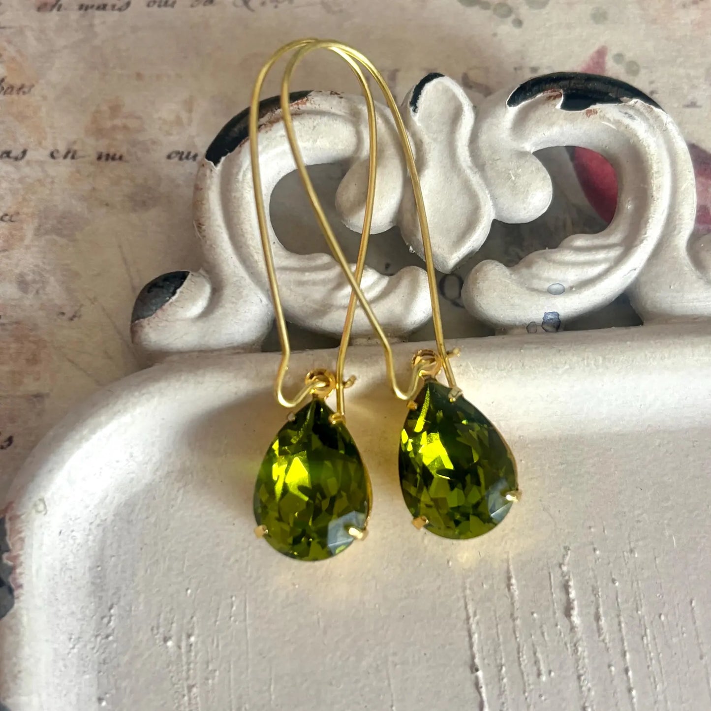 Olivine green pear shape Swarovski crystal earrings